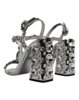 Dolce &amp; Gabbana Silver Leather T-strap Crystal Sandals Shoes