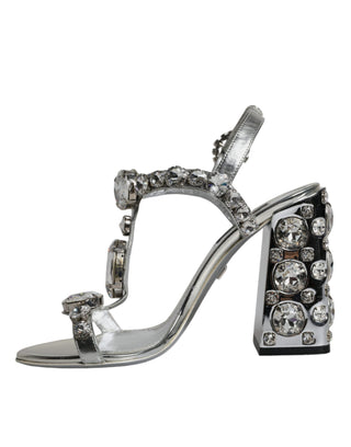 Dolce &amp; Gabbana Silver Leather T-strap Crystal Sandals Shoes