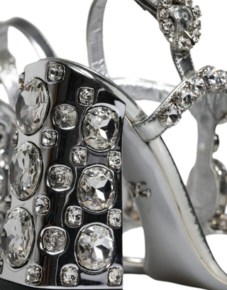 Dolce &amp; Gabbana Silver Leather T-strap Crystal Sandals Shoes