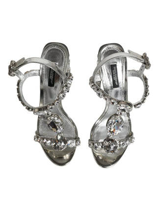 Dolce &amp; Gabbana Silver Leather T-strap Crystal Sandals Shoes