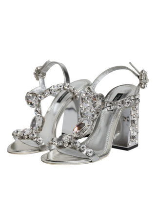 Dolce &amp; Gabbana Silver Leather T-strap Crystal Sandals Shoes