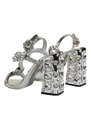 Dolce &amp; Gabbana Silver Leather T-strap Crystal Sandals Shoes