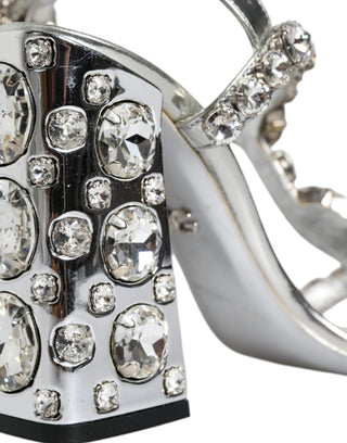 Dolce &amp; Gabbana Silver Leather T-strap Crystal Sandals Shoes