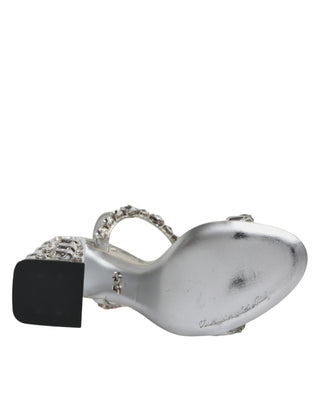 Dolce &amp; Gabbana Silver Leather T-strap Crystal Sandals Shoes