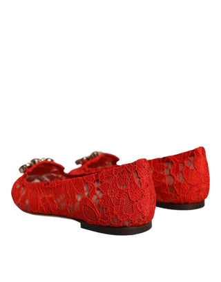 Dolce &amp; Gabbana Red Lace Crystal Ballet Flats Loafers Shoes