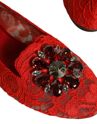 Dolce &amp; Gabbana Red Lace Crystal Ballet Flats Loafers Shoes