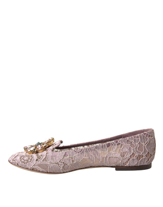 Dolce &amp; Gabbana Pink Lace Crystal Ballet Flats Loafers Shoes