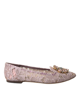 Dolce &amp; Gabbana Pink Lace Crystal Ballet Flats Loafers Shoes