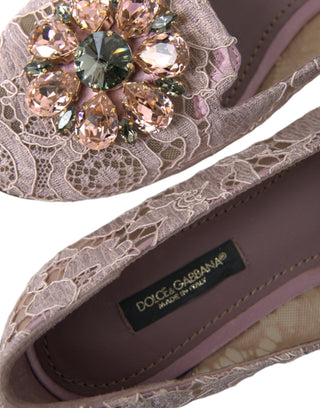 Dolce &amp; Gabbana Pink Lace Crystal Ballet Flats Loafers Shoes