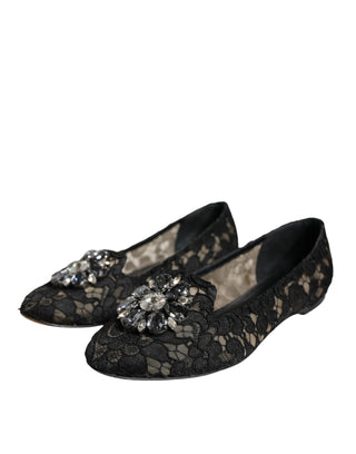 Dolce &amp; Gabbana Black Lace Crystal Ballet Flats Loafer Shoes