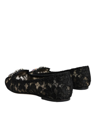 Dolce &amp; Gabbana Black Lace Crystal Ballet Flats Loafer Shoes