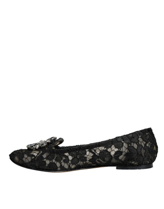 Dolce &amp; Gabbana Black Lace Crystal Ballet Flats Loafer Shoes