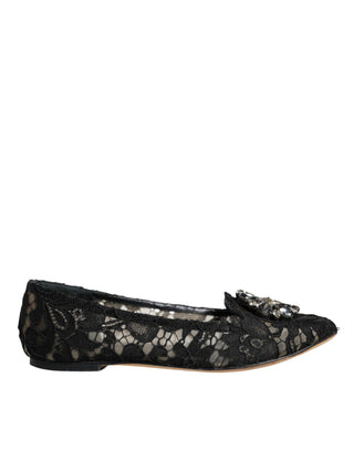 Dolce &amp; Gabbana Black Lace Crystal Ballet Flats Loafer Shoes