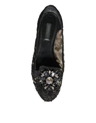 Dolce &amp; Gabbana Black Lace Crystal Ballet Flats Loafer Shoes