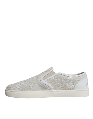 Dolce &amp; Gabbana White Leather Lace Slip On Loafers Shoes