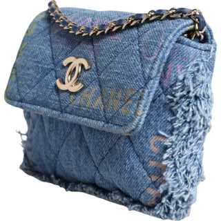 Chanel Denim Mood Flap Micro Logo Printed Fringed Shoulder Bag