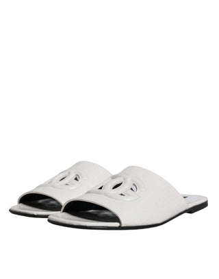 Dolce &amp; Gabbana White DG Cut Out Leather Slides Sandals Shoes