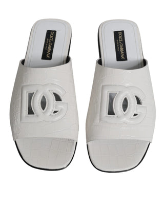 Dolce &amp; Gabbana White DG Cut Out Leather Slides Sandals Shoes