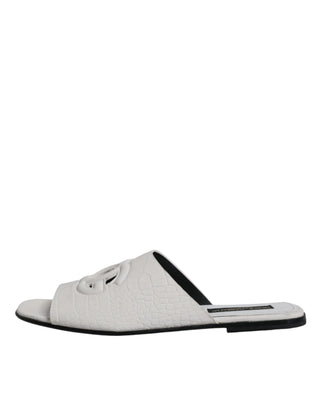 Dolce &amp; Gabbana White DG Cut Out Leather Slides Sandals Shoes