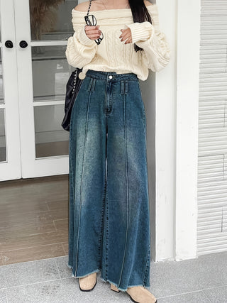 Women's Wide Leg Jeans, Long Length, Stretch Cotton Fabric, Elastic Waist, Half Zipper, Relaxed Fit, Suitable for Spring, Summer, Autumn, Winter 