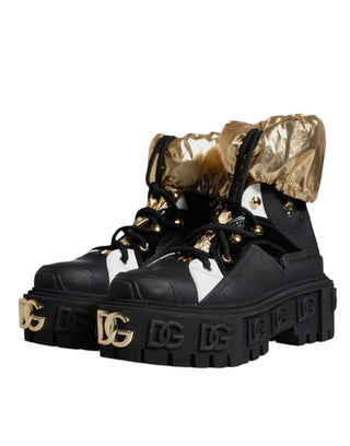 Dolce & Gabbana Black Gold Leather Trekking Ankle Boots Shoes