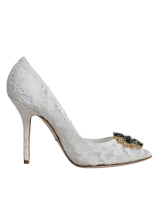 Dolce &amp; Gabbana White Taormina Lace Crystal Heel Pumps Shoes