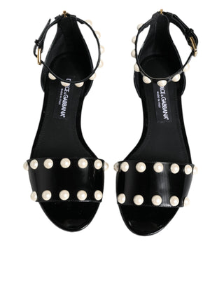 Dolce &amp; Gabbana Black Leather Pearls Ankle Strap Sandals Shoes