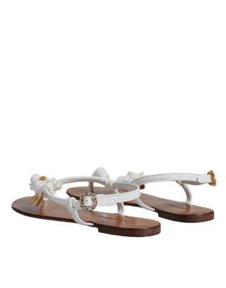 Dolce &amp; Gabbana White Leather Coins Flip Flops Sandals Shoes