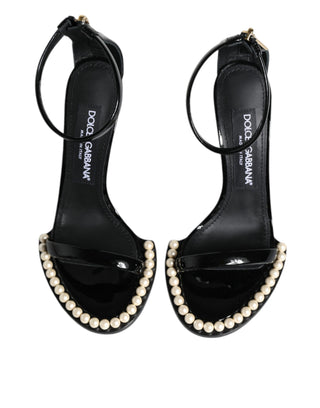 Dolce &amp; Gabbana Black Keira Leather Faux Pearl Sandals Heels Shoes