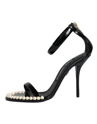 Dolce &amp; Gabbana Black Keira Leather Faux Pearl Sandals Heels Shoes