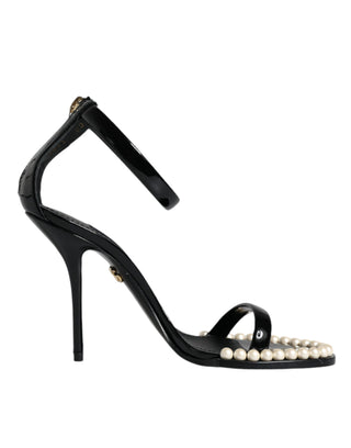 Dolce &amp; Gabbana Black Keira Leather Faux Pearl Sandals Heels Shoes