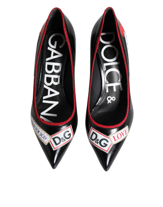 Dolce &amp; Gabbana Black Leather Logo Print Heels Pumps Shoes