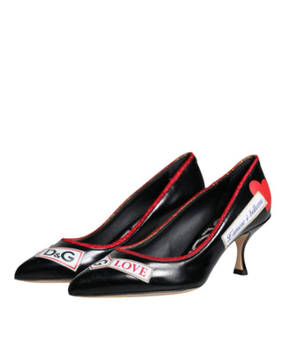 Dolce &amp; Gabbana Black Leather Logo Print Heels Pumps Shoes