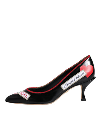 Dolce &amp; Gabbana Black Leather Logo Print Heels Pumps Shoes