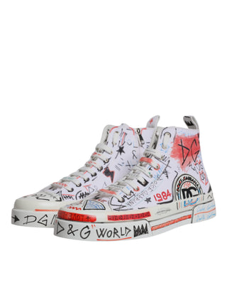 Dolce &amp; Gabbana White Cotton Graffiti High Top Sneaker Shoes