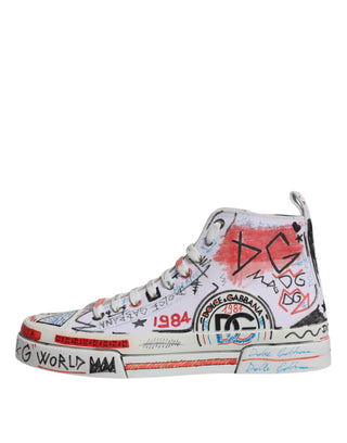 Dolce &amp; Gabbana White Cotton Graffiti High Top Sneaker Shoes