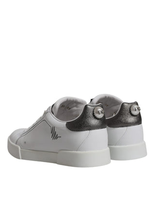 Dolce &amp; Gabbana White Silver Leather Low Top Men Sneakers Shoes