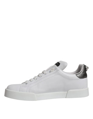 Dolce &amp; Gabbana White Silver Leather Low Top Men Sneakers Shoes