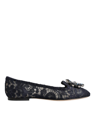 Dolce &amp; Gabbana Blue Taormina Lace Crystals Flats Shoes