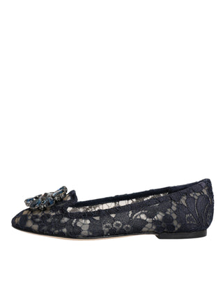 Dolce &amp; Gabbana Blue Taormina Lace Crystals Flats Shoes