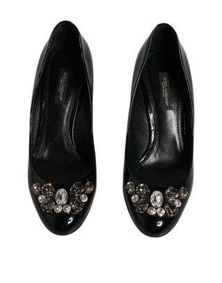 Dolce &amp; Gabbana Black Leather Crystal Heels Pumps Shoes