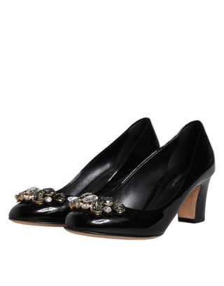 Dolce &amp; Gabbana Black Leather Crystal Heels Pumps Shoes