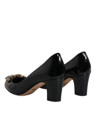 Dolce &amp; Gabbana Black Leather Crystal Heels Pumps Shoes