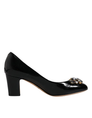 Dolce &amp; Gabbana Black Leather Crystal Heels Pumps Shoes