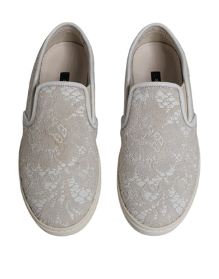 Dolce &amp; Gabbana White Floral Lace Slip On Loafers Shoes