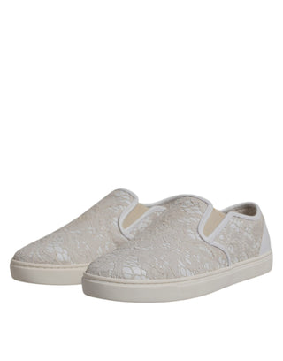 Dolce &amp; Gabbana White Floral Lace Slip On Loafers Shoes