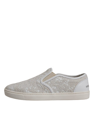 Dolce &amp; Gabbana White Floral Lace Slip On Loafers Shoes