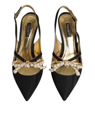 Dolce &amp; Gabbana Black Leather Faux Pearls Slingbacks Shoes