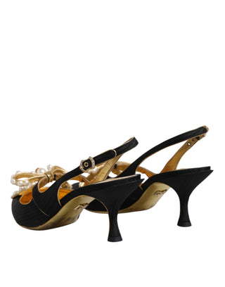 Dolce &amp; Gabbana Black Leather Faux Pearls Slingbacks Shoes