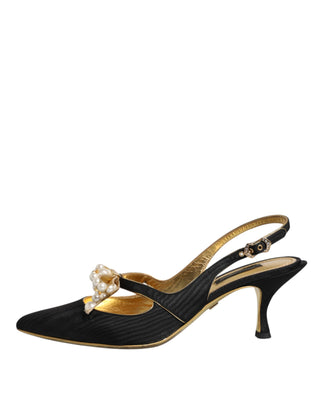 Dolce &amp; Gabbana Black Leather Faux Pearls Slingbacks Shoes